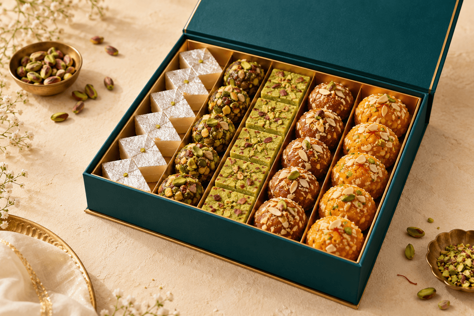 An open teal Mithora gift box filled with cashew sweets, pistachios and festive delights